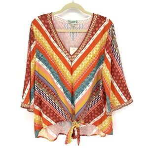 Rockin' C Womens L Boho Chevron Print Tie Front V-Neck Bell Sleeve Blouse Top